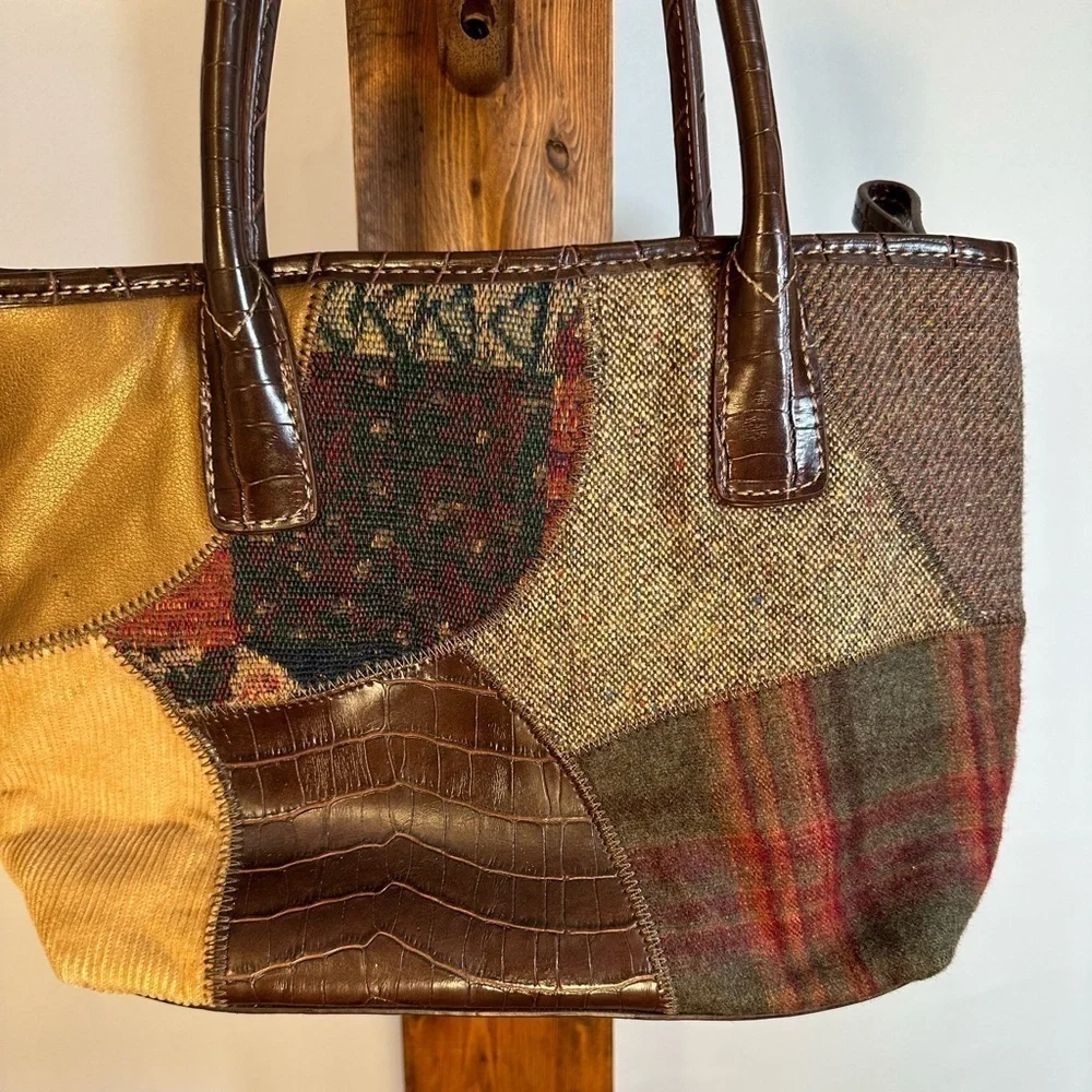 Womens Small Hobo Patchwork Leather Corduroy Plaid Tweed Handbag Purse Pockets